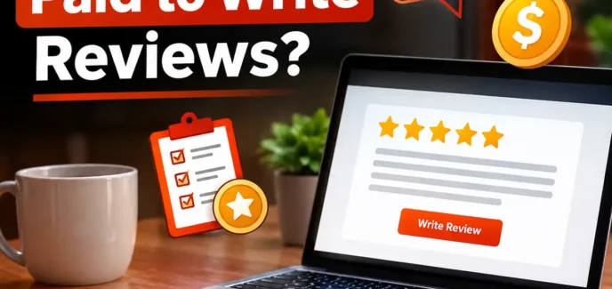 Person writing reviews online for legitimate paid review opportunities