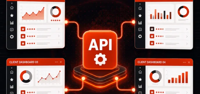 Illustration of a review management API connecting multiple client dashboards