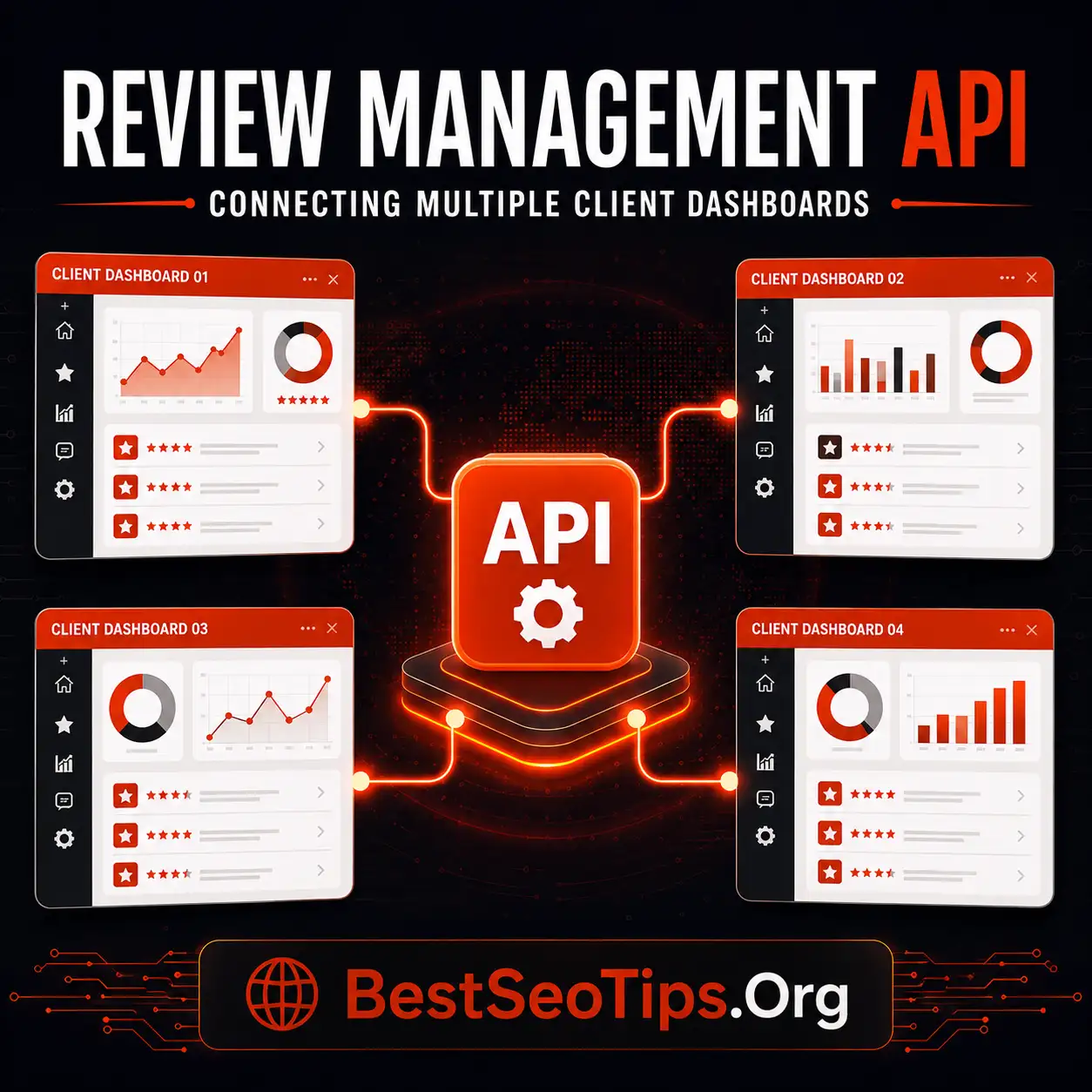 Illustration of a review management API connecting multiple client dashboards
