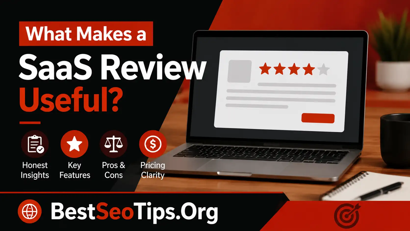 Example of a detailed SaaS software review page with ratings features pricing and pros and cons