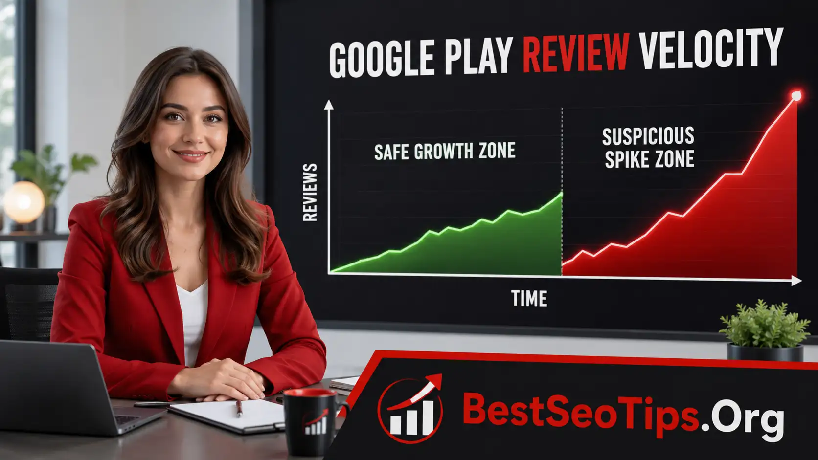 Chart showing safe growth zone versus suspicious spike zone for Google Play review velocity